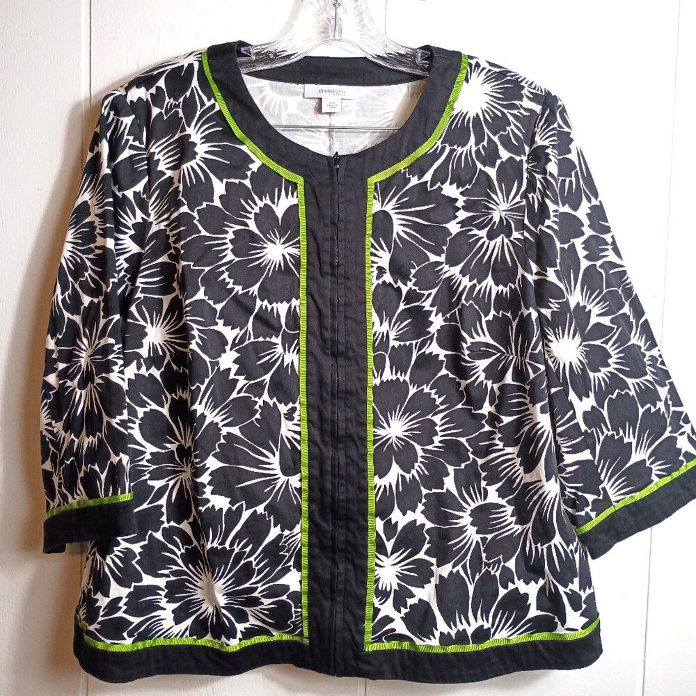 Dressbarn Womens 2X 3/4 Sleeve Black Floral Jacket Top Retro Resort Chic Graphic
